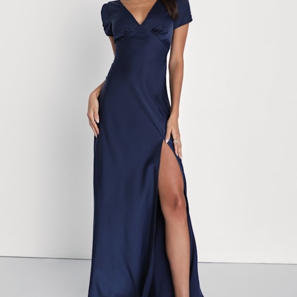 Lulus Epitome Of Romance Navy Blue Satin Puff Sleeve Maxi Dress - Size M - Picture 1 of 1